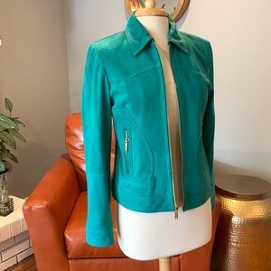 Turquoise suede Jacket with Gold Trim